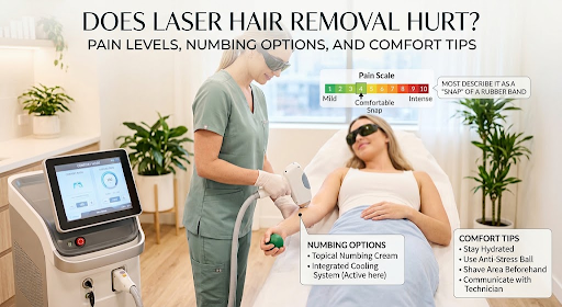 Does Laser Hair Removal Hurt? Pain Levels, Numbing Options, and Comfort Tips Does laser hair removal hurt? For most people, it feels less like a sharp pain and more like a quick rubber band snap against the skin combined with a warm sensation. Discomfort varies by body area, hair thickness, skin type, laser technology, cooling, and personal pain tolerance. Laser hair removal targets the pigment in the hair follicle. The laser energy heats the follicle while the surrounding skin should stay as cool as possible, which is why cooling systems and proper technique make a major difference in comfort. Many clients describe the sensation as tolerable, especially on smaller areas such as the underarms or upper lip. Larger or denser areas, including the back, chest, bikini line, and legs, can feel more intense because more pulses are required and the skin may hold more heat. What Laser Hair Removal Feels Like The most common comparison is a rubber band snapping against the skin. Some people also feel a brief sting, heat flash, or prickling sensation with each pulse. The feeling lasts only for a fraction of a second per pulse. However, a full treatment involves many pulses, so sensitivity can build up in dense or bony areas. Pain is usually strongest during the treatment and settles shortly afterward. Mild redness, warmth, and swelling around the follicles are common and often resolve within hours. Common Sensations Sensation What it feels like How long it usually lasts Rubber band snap Quick, sharp flick against the skin A fraction of a second per pulse Warmth Heat spreading across the treated area During treatment and shortly afterward Stinging Brief pin like discomfort, often in dense hair areas Seconds at a time Follicle swelling Small raised bumps around hair follicles Usually a few hours Tenderness Mild soreness, similar to light sunburn Often resolves within 24 hours Pain Levels by Treatment Area Not every body area feels the same. Areas with thicker hair, dense follicles, thin skin, or close proximity to bone often feel more sensitive. Treatment area Typical discomfort level Why it may feel different Underarms Moderate Dense hair and thin, sensitive skin Bikini line Moderate to high Thick hair, sensitive skin, and curved contours Brazilian area Moderate to high Dense follicles and highly sensitive tissue Upper lip Moderate Small area but very responsive skin Chin and jawline Mild to moderate Often sensitive due to thicker terminal hairs Legs Mild to moderate Larger area, but usually less sensitive skin Arms Mild Finer hair and less dense follicles in many people Back Mild to moderate Large surface area and variable hair density Chest or abdomen Mild to moderate Hair density and skin sensitivity vary widely A study of diode laser treatment on the trunk in men reported a mean pain score of 4.1 on a scale from 0 to 9, where 9 was very painful and unbearable. This shows that discomfort can be real, but it also shows that many patients find treatment manageable. Factors That Affect Pain Pain during laser hair removal is not only about the laser. Your skin, hair, hormones, treatment settings, and preparation all influence how the session feels. Main Factors Factor Effect on comfort Hair thickness and density Thicker, darker, or denser hair can create more heat and stronger sensations Treatment area Sensitive zones such as the bikini line and underarms may feel more intense Skin tone Darker skin may require careful laser selection and settings to protect the epidermis Laser type Alexandrite, diode, and Nd:YAG lasers feel different because of wavelength, spot size, and cooling method Cooling system Contact cooling, cold air, or cryogen spray can reduce surface heat and discomfort Fluence and pulse duration Higher energy may improve results but can increase sensation if not balanced correctly Recent sun exposure Tanned or irritated skin can be more reactive and may require treatment delay Stress and fatigue Lower pain tolerance can make the same session feel more uncomfortable Menstrual cycle Some people report greater sensitivity during certain phases of their cycle Cooling is especially important. Research on alexandrite laser treatment found that longer cooling spurts reduced pain, and cooling devices are used to lower the risk of epidermal injury as well as improve comfort. Numbing Options Before Treatment You do not need to accept unnecessary discomfort. Several comfort options can be used before or during treatment, depending on the area, your medical history, and the clinic protocol. Common Comfort Options Option How it helps Important note Built in contact cooling Cools the skin during each pulse Common in modern diode and alexandrite systems Cold air cooling Blows chilled air onto the skin before, during, or after pulses Useful for larger areas and sensitive skin Cryogen spray Provides a brief cooling burst with the laser pulse Must be used carefully by trained providers Topical numbing cream Numbs the surface of the skin before treatment Should be approved by the treating provider Ice packs after treatment Reduces immediate heat and inflammation Useful for short term post treatment comfort Lower fluence starting settings Reduces heat and discomfort while maintaining safety May require more sessions for some patients Pulsing technique Allows brief pauses between treatment sections Helps prevent heat buildup in sensitive areas Topical numbing creams can reduce discomfort, but they do not remove all sensation. A study comparing 5 percent lidocaine cream found that it reduced pain during alexandrite and diode laser hair removal, although it did not eliminate it completely. Do not apply a numbing cream without guidance from the clinic. Large areas, broken skin, or excessive use of lidocaine products can create safety concerns. Your provider should confirm the product, amount, application time, and body area. What Research Says About Discomfort Clinical studies give useful context for what patients can expect. Pain scores vary because researchers use different scales, lasers, body areas, and cooling methods. Study finding Reported result What it suggests Diode laser treatment on the trunk Mean pain score of 4.1 out of 9 Treatment is noticeable but often tolerable Alexandrite laser with sapphire cooling Average pain score of 4.6 out of 40 Cooling can keep discomfort low Pneumatic skin flattening versus dynamic cooling 2.8 out of 10 versus 5.4 out of 10 Technique and skin stabilization can reduce pain substantially Brushing technique versus stamping technique 2.2 out of 10 versus 2.7 out of 10 Movement method can affect comfort Home use laser study 66.7 percent of participants reported pain Professional cooling and settings may improve comfort These figures do not promise that every session will feel the same. They show that pain is common but can often be reduced through cooling, proper settings, and an experienced provider. How to Make Treatment More Comfortable Preparation and aftercare can make a noticeable difference. The goal is to arrive with calm, unirritated skin and leave with minimal heat in the treated area. Before Your Session Shave the treatment area 24 to 48 hours before your appointment, unless your provider gives different instructions. Avoid waxing, plucking, threading, or epilating before treatment because the laser needs the hair root to target the follicle. Stay out of direct sun and avoid self tanning products before your session. Tell your provider about medications, recent skincare treatments, and any history of cold sores or skin sensitivity. Wear loose clothing to reduce friction after treatment. Avoid applying lotion, makeup, deodorant, or perfume to the treatment area on the day of your appointment. Ask whether a topical numbing option is appropriate for your skin and treatment area. During Your Session Communicate openly if the sensation becomes too intense. Ask for short breaks during larger treatments if needed. Make sure the provider uses appropriate cooling throughout the session. Keep the skin flat and stable so the laser can work evenly. Do not request higher energy simply to finish faster; comfort and safety should guide the settings. After Your Session Use cool compresses if the skin feels warm or tender. Apply a gentle, fragrance free moisturizer if your provider recommends it. Avoid hot showers, saunas, intense workouts, and excessive heat for the first day or as directed. Use broad spectrum sunscreen on exposed treated areas. Do not exfoliate, wax, or use strong active skincare products until irritation settles. Avoid picking at treated follicles or any small crusts. Laser Hair Removal Compared With Waxing Many people choose laser hair removal because they want to reduce the repeated discomfort of waxing. A laser session may feel sharp and warm, but it does not pull hair from the root the way waxing does. Factor Laser hair removal Waxing Sensation Quick heat pulses and rubber band snaps Pulling hair from the root Duration of discomfort Brief pulses during treatment Short but often intense during removal Frequency Multiple sessions spaced several weeks apart Usually every 3 to 6 weeks Long term hair reduction Can reduce hair growth over a treatment course Hair regrows from the follicle Skin reaction Temporary redness and follicle swelling Redness, bumps, and possible ingrown hairs Best suited for People seeking long term reduction People who want immediate smoothness If you are deciding between the two methods, this guide to laser hair removal versus waxing explains the differences in comfort, cost, and long term results. Is It More Painful for Darker Skin Tones? Darker skin contains more melanin, which can absorb laser energy. That does not mean laser hair removal is unsafe, but it does mean the correct wavelength, cooling, and energy settings are essential. Nd:YAG lasers, commonly operating at 1064 nm, are often selected for deeper skin tones because they penetrate more deeply and carry less risk of affecting the surface pigment when used appropriately. Contact cooling devices have also been studied for safety and tolerability across a wide range of skin phototypes. The Mayo Clinic notes that skin color changes can occur after laser hair removal and that the risk may be higher in people with black or brown skin, particularly when sun exposure is not avoided before or after treatment. A qualified provider should perform a patch test or conservative first session when needed. Never choose a clinic based only on price; experience with your specific skin type matters. When Discomfort Is Not Normal Mild warmth, redness, and small bumps around follicles are common after treatment. However, severe pain, blistering, prolonged swelling, crusting, or significant color change should be reported to your provider. The Mayo Clinic lists skin irritation, temporary pigment changes, blistering, crusting, scarring, and texture changes as possible risks, although serious effects are uncommon when treatment is performed correctly. Contact the clinic promptly if you notice: Blistering or broken skin Intense pain that worsens rather than improves Dark or light patches that do not fade Signs of infection such as increasing warmth, pus, or fever Unusual swelling that lasts beyond the expected recovery period Who Should Wait Before Treatment Laser hair removal is not suitable for everyone at every moment. Your provider may postpone treatment if you have a sunburn, active skin infection, open wounds, recent waxing, or certain photosensitizing medications. People who are pregnant are often advised to wait until after pregnancy, not because laser hair removal has been proven harmful, but because there is limited research on laser treatment during pregnancy. Always follow the advice of your medical provider. If you have a history of cold sores, tell your provider before treatment near the mouth. Preventive medication may be recommended in some cases. Choosing a Comfortable Clinic The clinic experience matters. A skilled provider will assess your skin and hair, explain the expected sensation, adjust settings safely, and use cooling throughout the procedure. When comparing clinics, ask: Which laser wavelengths and cooling systems do you use? How do you adjust treatment for my skin tone and hair color? Do you offer topical numbing for sensitive areas? How do you prevent burns and pigment changes? What is your protocol if I feel too much discomfort? How many sessions will I likely need? A reputable clinic will welcome these questions. You can explore the clinic’s laser hair removal service to understand the treatment approach and available options. Final Thoughts Laser hair removal can hurt, but for most people the discomfort is brief, manageable, and reduced with modern cooling and skilled technique. The sensation is often compared to a rubber band snap, with warmth or stinging that fades soon after each pulse. The most comfortable results come from proper preparation, appropriate laser selection, effective cooling, and realistic expectations. Numbing creams, cold air, contact cooling, and careful treatment pacing can all help. If you are sensitive to pain, start with a smaller area or request a patch test. Speak openly with your provider, follow the preparation and aftercare instructions, and choose a clinic that prioritizes both safety and comfort